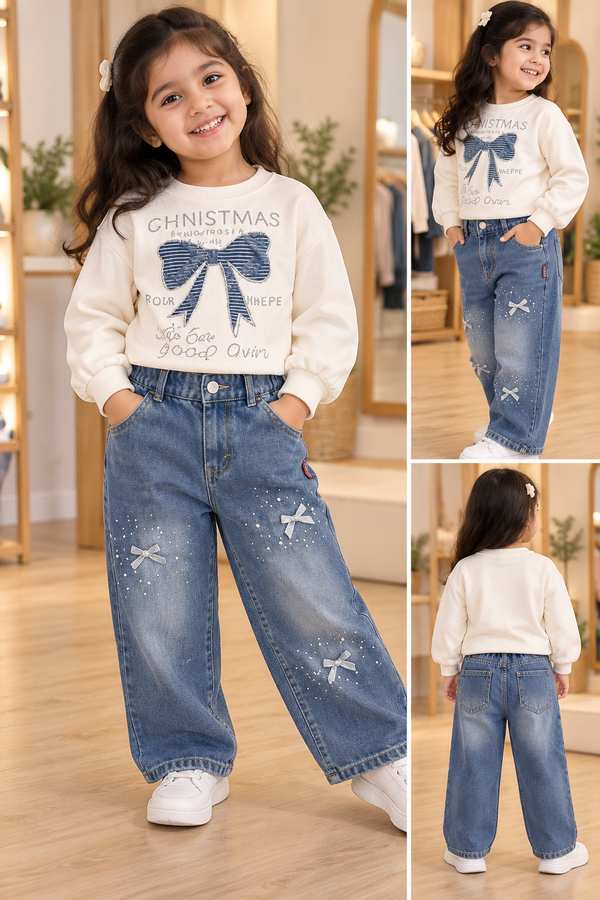 Bow Sweatshirt & Denim Skirt Set (photo 2)