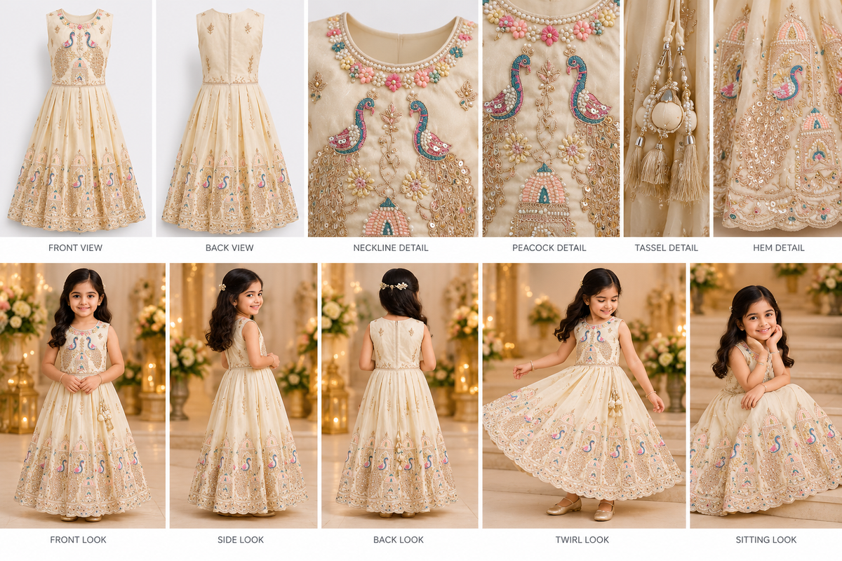 Cream Embroidered Peacock Lehenga Dress (photo 1)