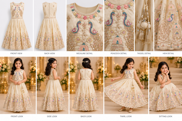 Cream Embroidered Peacock Lehenga Dress (photo 1)