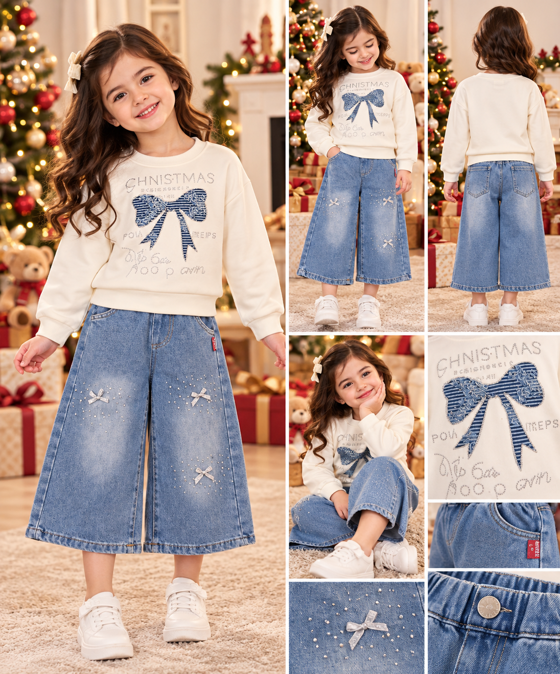 Bow Sweatshirt & Denim Skirt Set (photo 1)