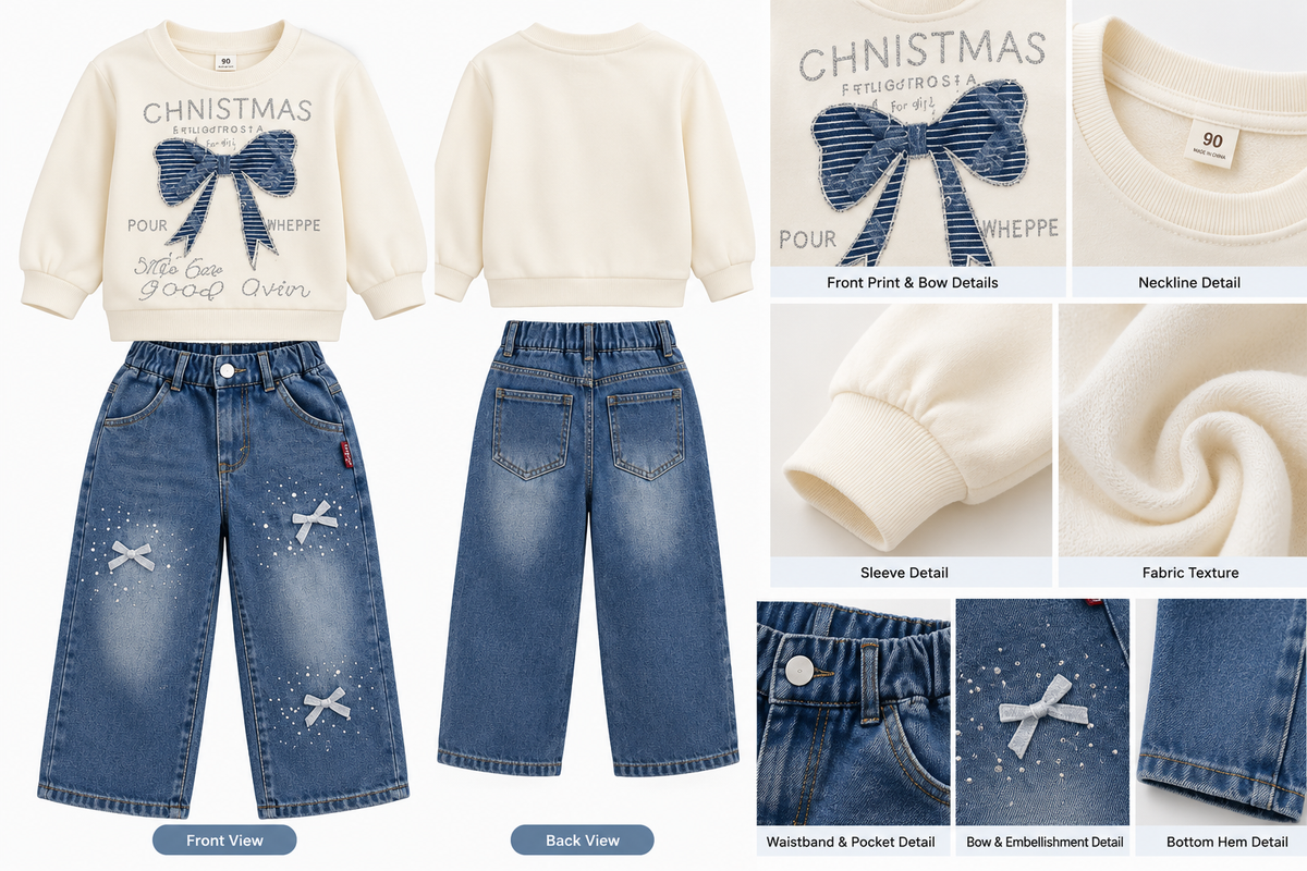 Bow Sweatshirt & Denim Skirt Set (photo 3)