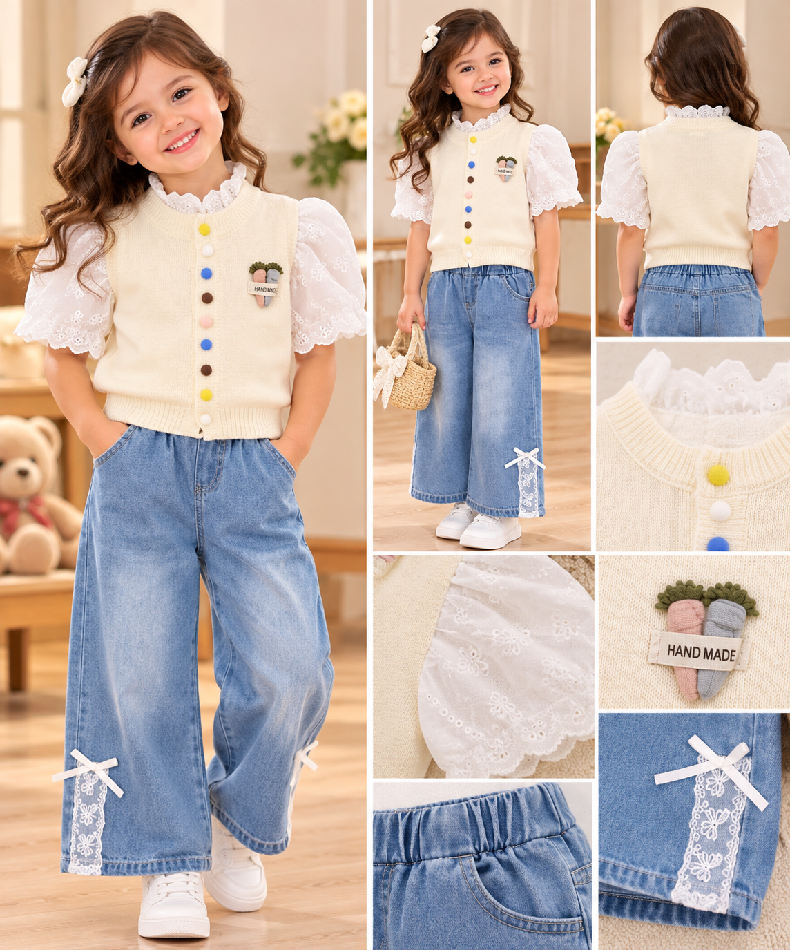 Cream & Denim Lace Detail Girls’ Co-ord Set (photo 1)