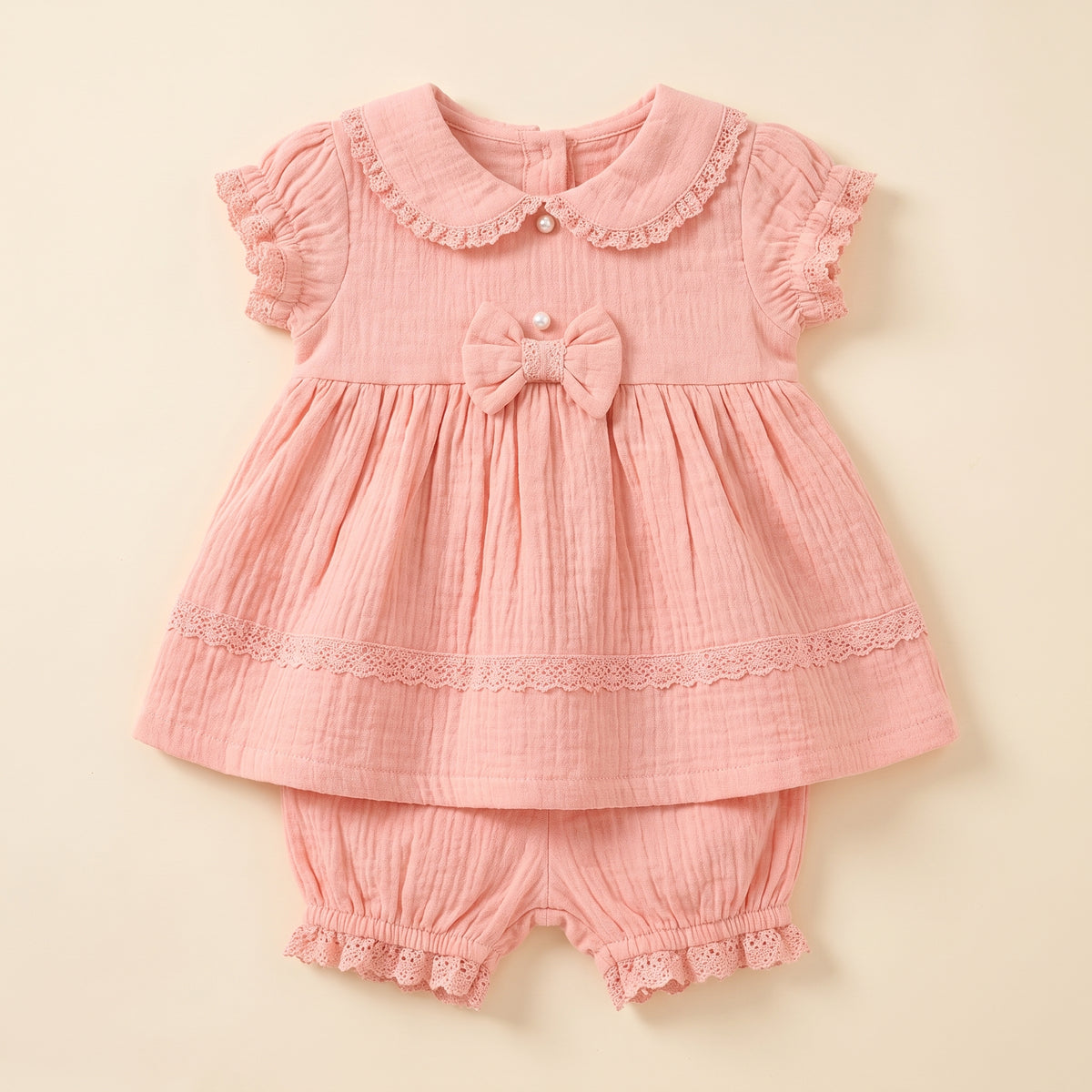 Pink Lace Trim Puff Sleeve Frock with Bloomers (1 of 3)