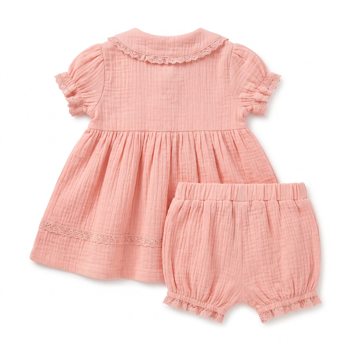 Pink Lace Trim Puff Sleeve Frock with Bloomers (2 of 3)