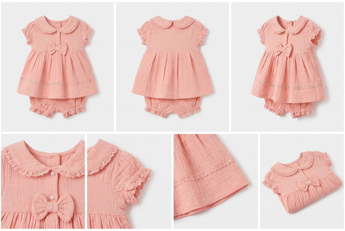 Pink Lace Trim Puff Sleeve Frock with Bloomers (3 of 3)