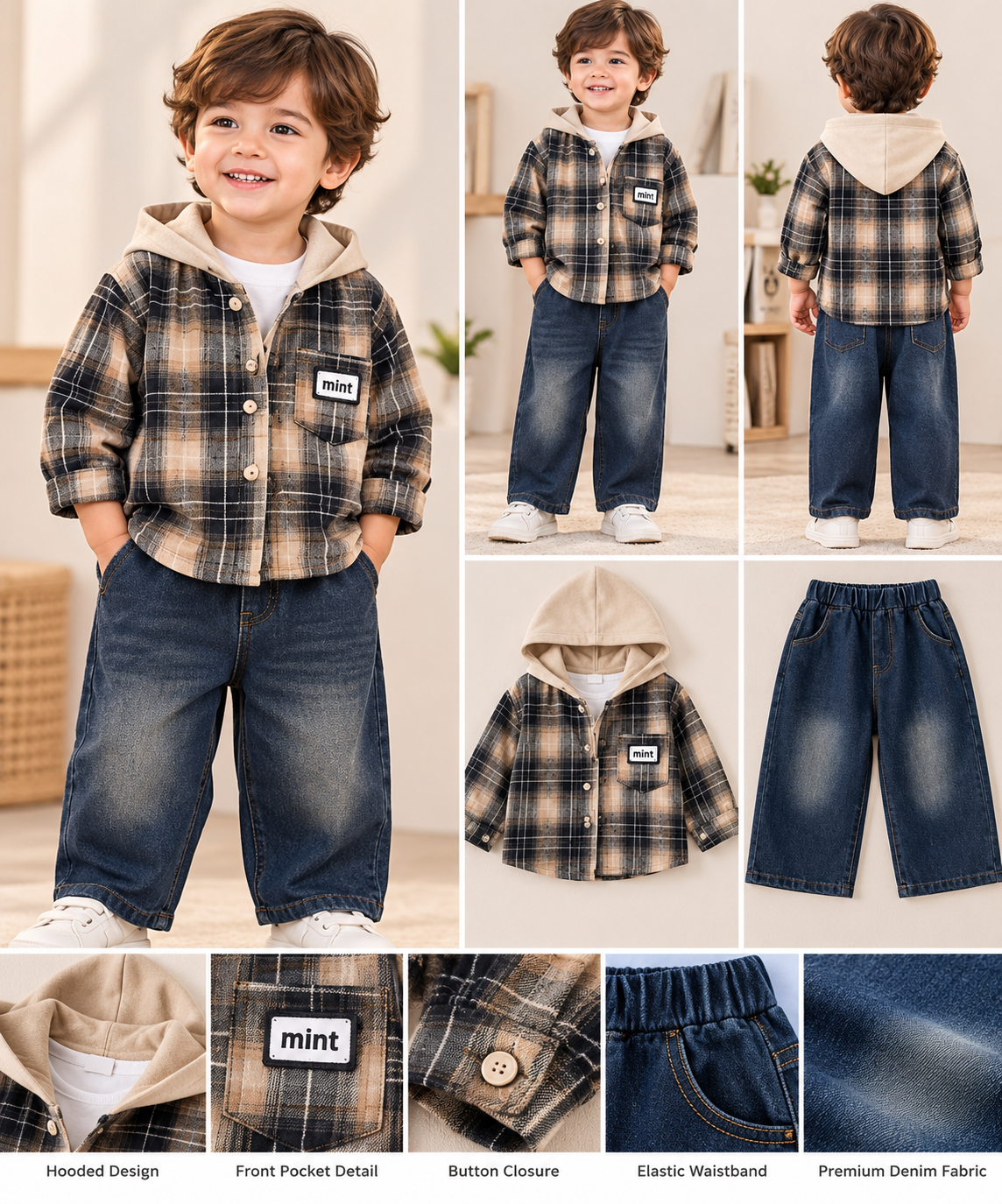 Little Explorer Plaid Hooded Shirt & Denim Set
