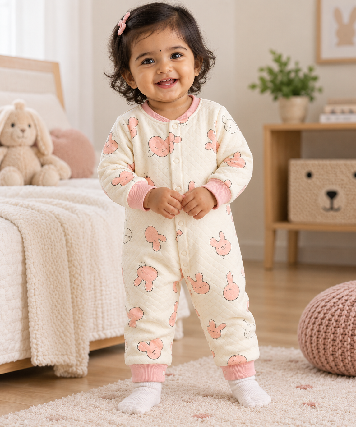 Sweet Teddy Bear Printed Baby Sleepsuit – Cream & Pink
