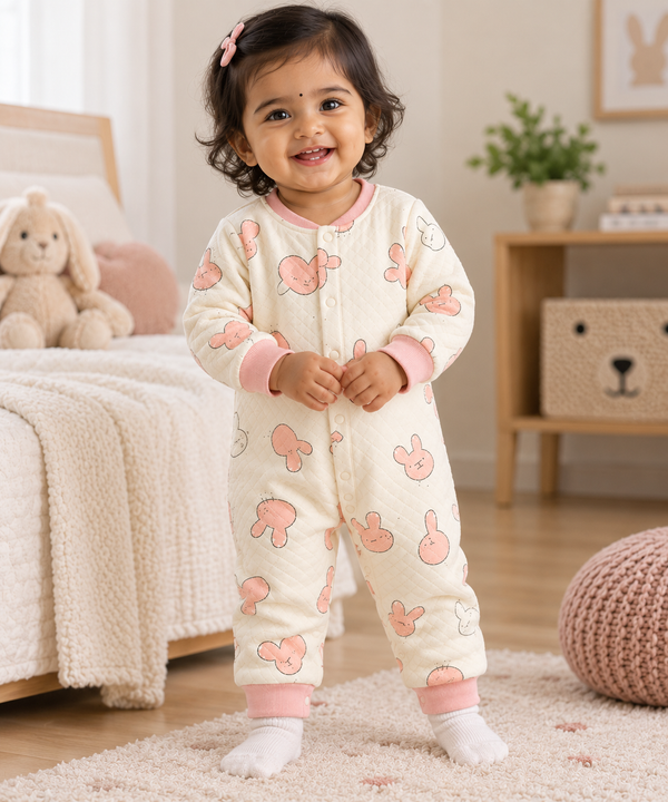 Sweet Teddy Bear Printed Baby Sleepsuit – Cream & Pink
