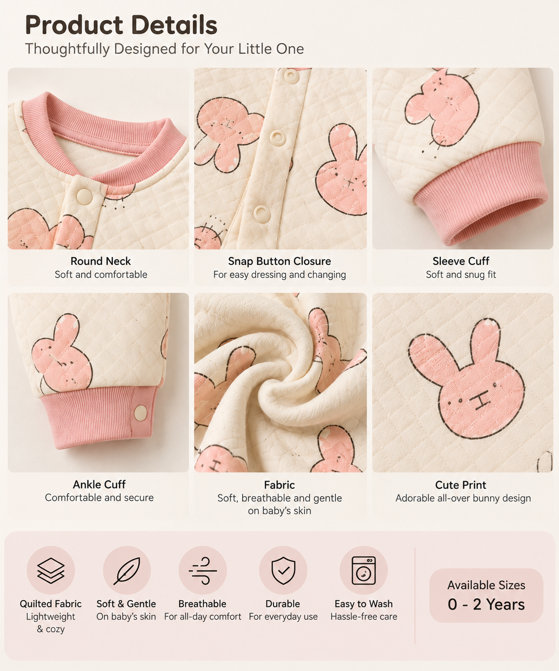 Sweet Teddy Bear Printed Baby Sleepsuit – Cream & Pink