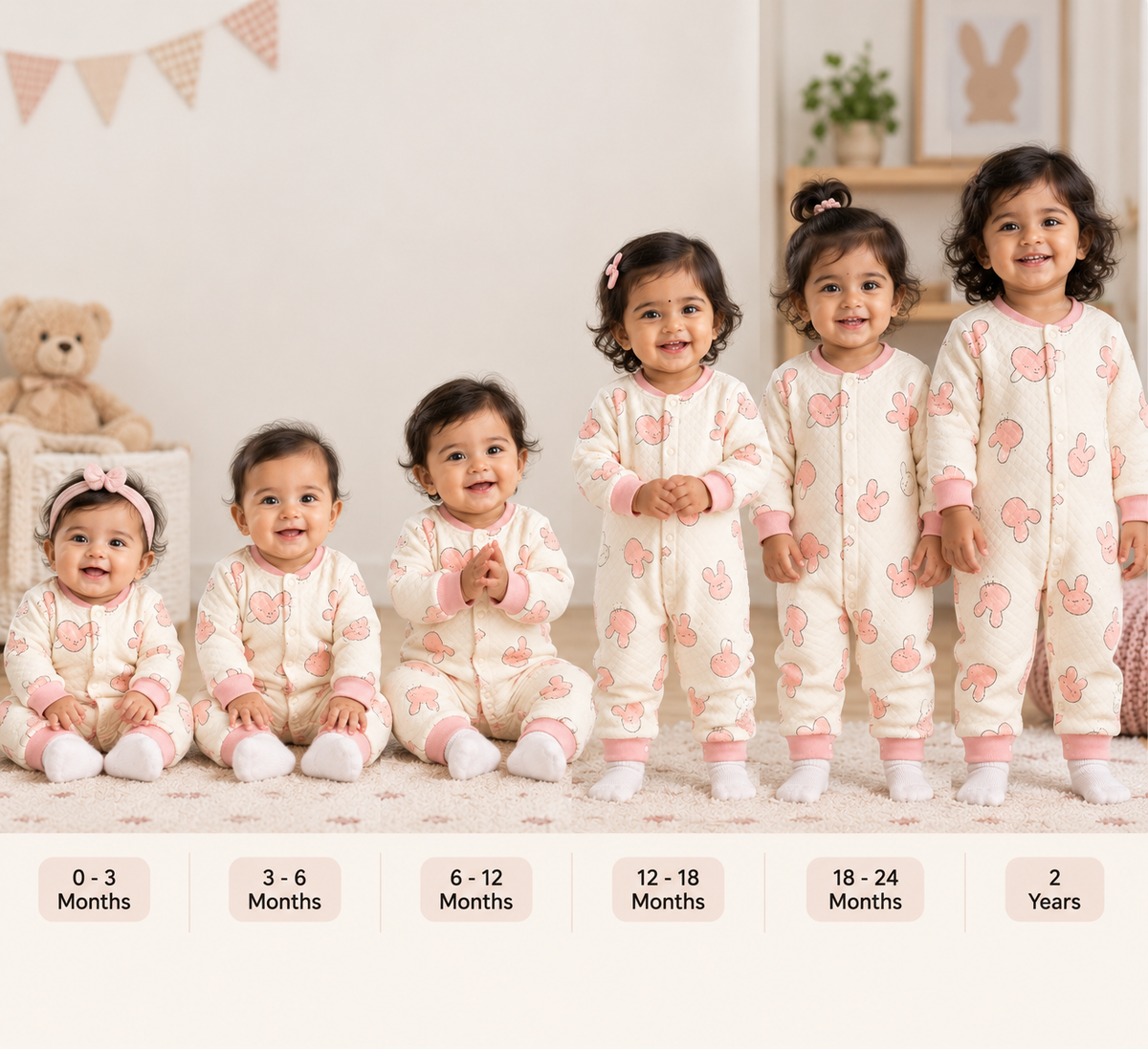 Sweet Teddy Bear Printed Baby Sleepsuit – Cream & Pink