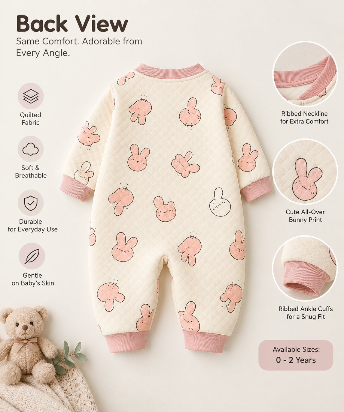 Sweet Teddy Bear Printed Baby Sleepsuit – Cream & Pink