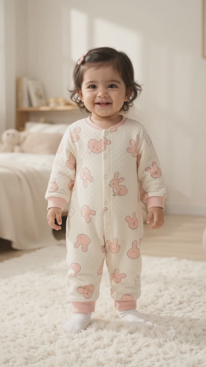 Sweet Teddy Bear Printed Baby Sleepsuit – Cream & Pink